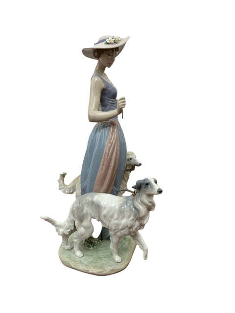 Woman Walking Dogs Lladro Figurine