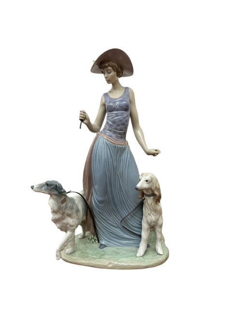 Woman Walking Dogs Lladro Figurine